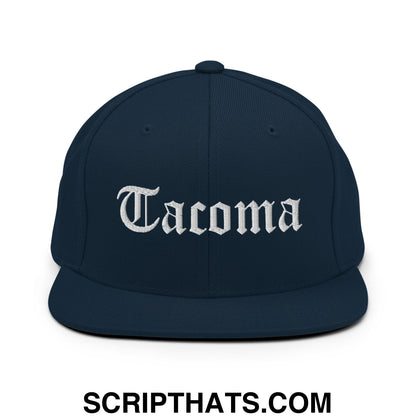 Tacoma Old English Embroidered Flat Bill Brim Snapback Hat Dark Navy