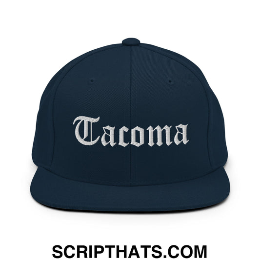 Tacoma Old English Embroidered Flat Bill Brim Snapback Hat Dark Navy