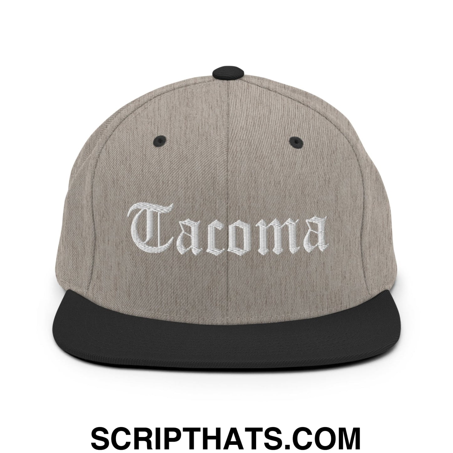Tacoma Old English Embroidered Flat Bill Brim Snapback Hat Heather Black
