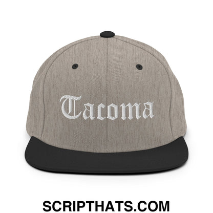 Tacoma Old English Embroidered Flat Bill Brim Snapback Hat Heather Black