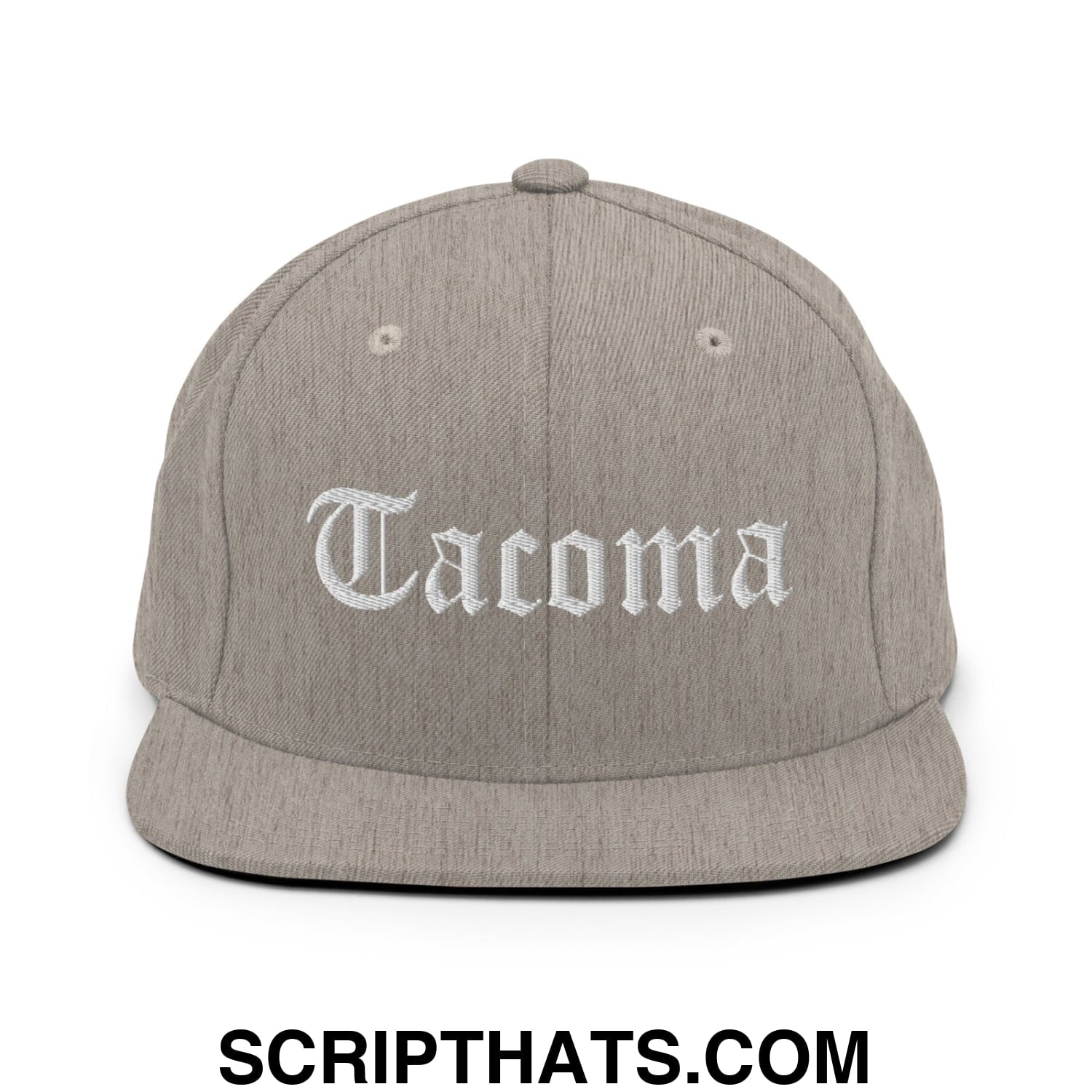 Tacoma Old English Embroidered Flat Bill Brim Snapback Hat Heather Grey