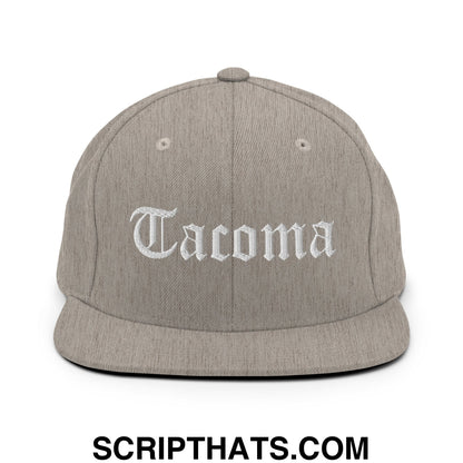 Tacoma Old English Embroidered Flat Bill Brim Snapback Hat Heather Grey