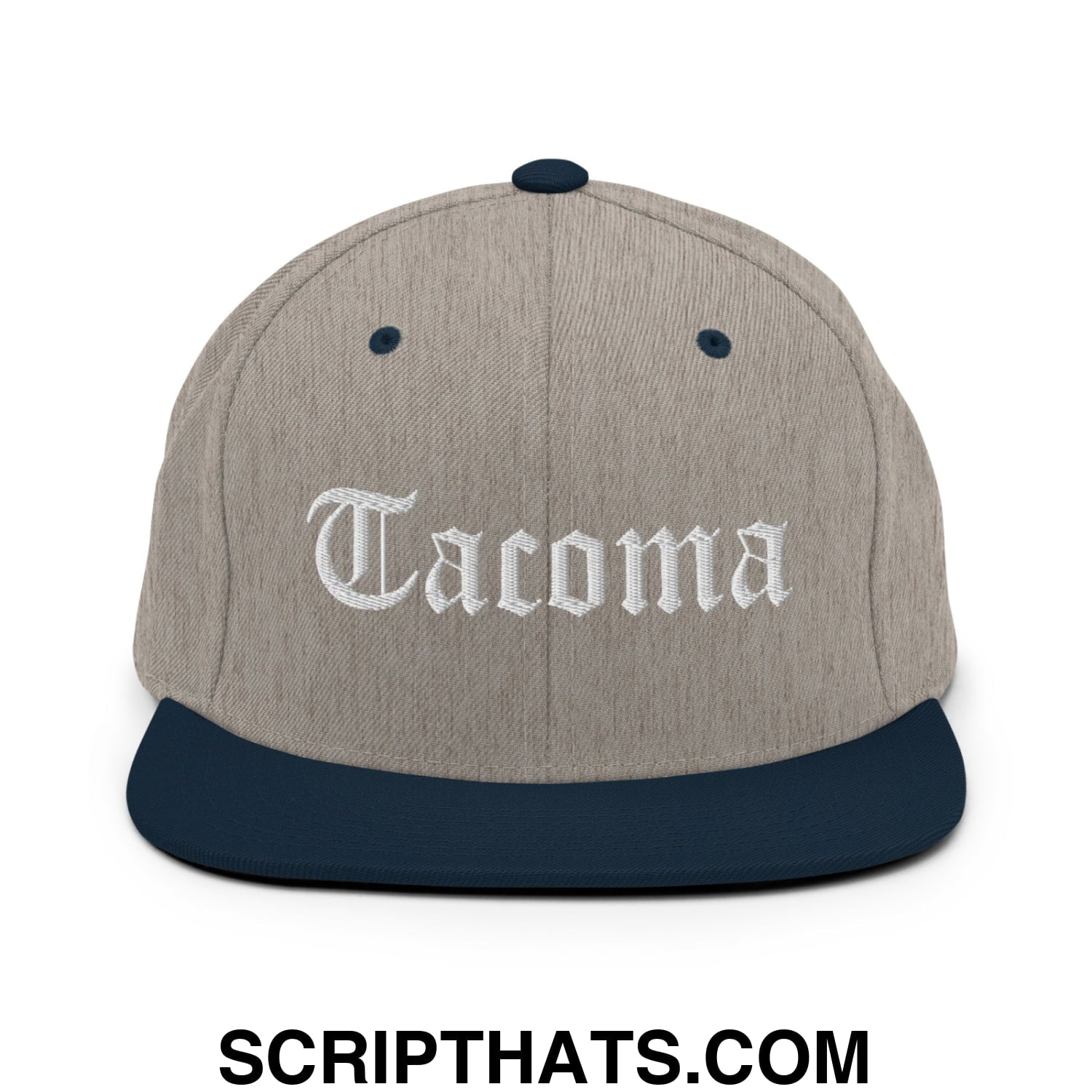 Tacoma Old English Embroidered Flat Bill Brim Snapback Hat Heather Grey Navy