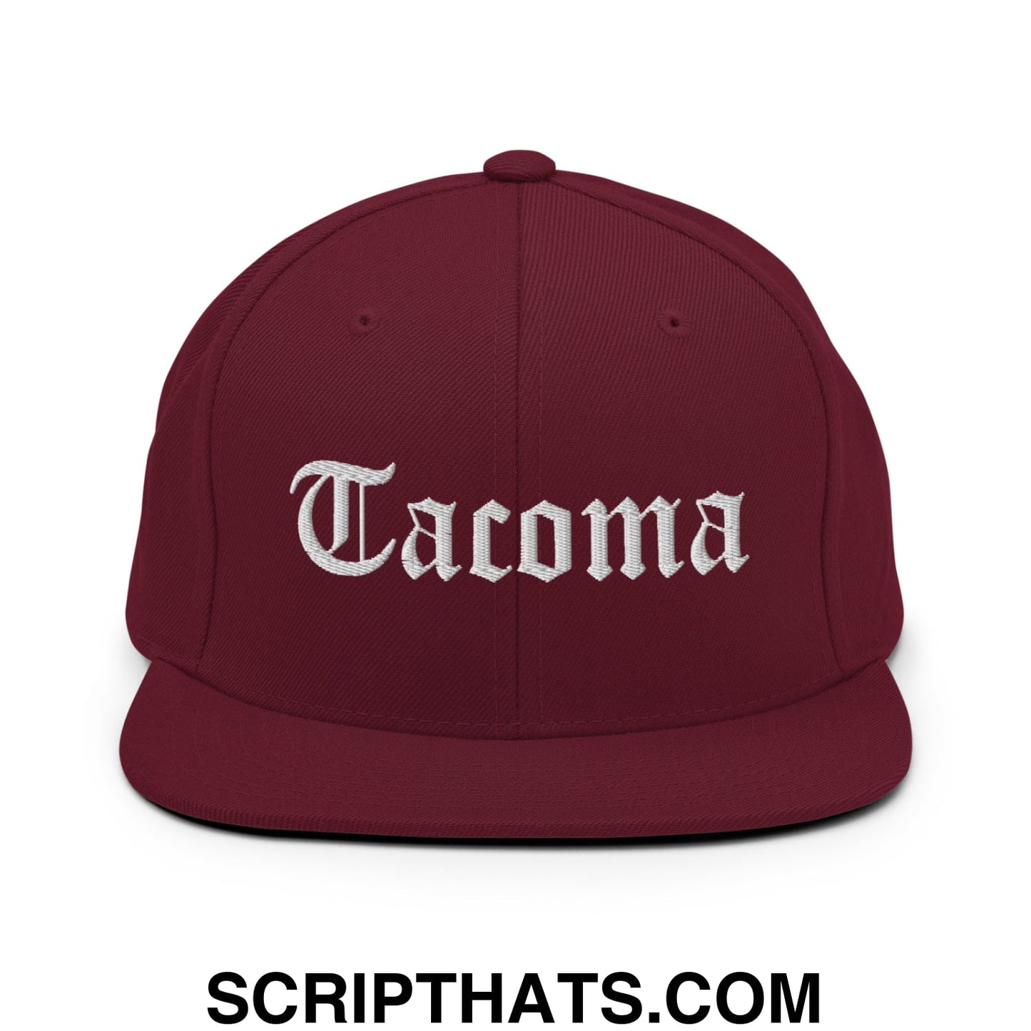 Tacoma Old English Embroidered Flat Bill Brim Snapback Hat Maroon