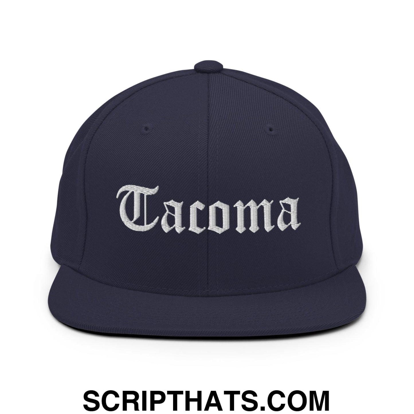 Tacoma Old English Embroidered Flat Bill Brim Snapback Hat Navy
