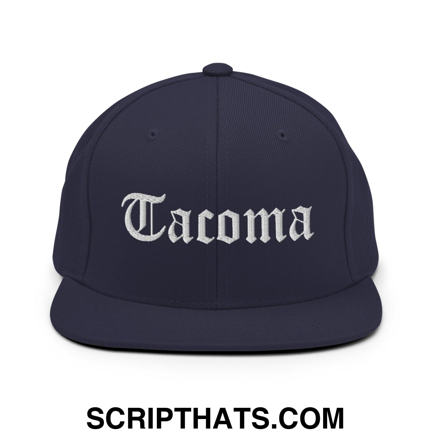 Tacoma Old English Embroidered Flat Bill Brim Snapback Hat Navy