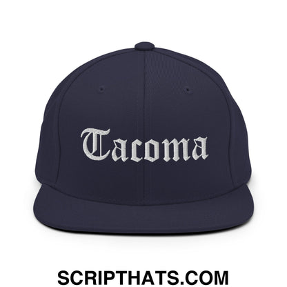 Tacoma Old English Embroidered Flat Bill Brim Snapback Hat Navy