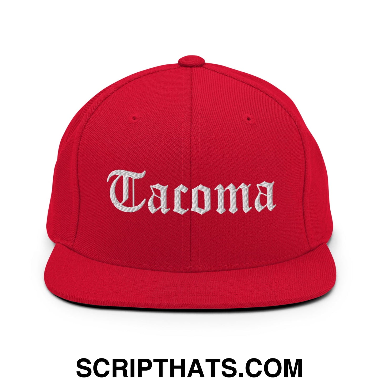 Tacoma Old English Embroidered Flat Bill Brim Snapback Hat Red
