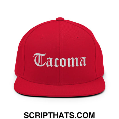 Tacoma Old English Embroidered Flat Bill Brim Snapback Hat Red
