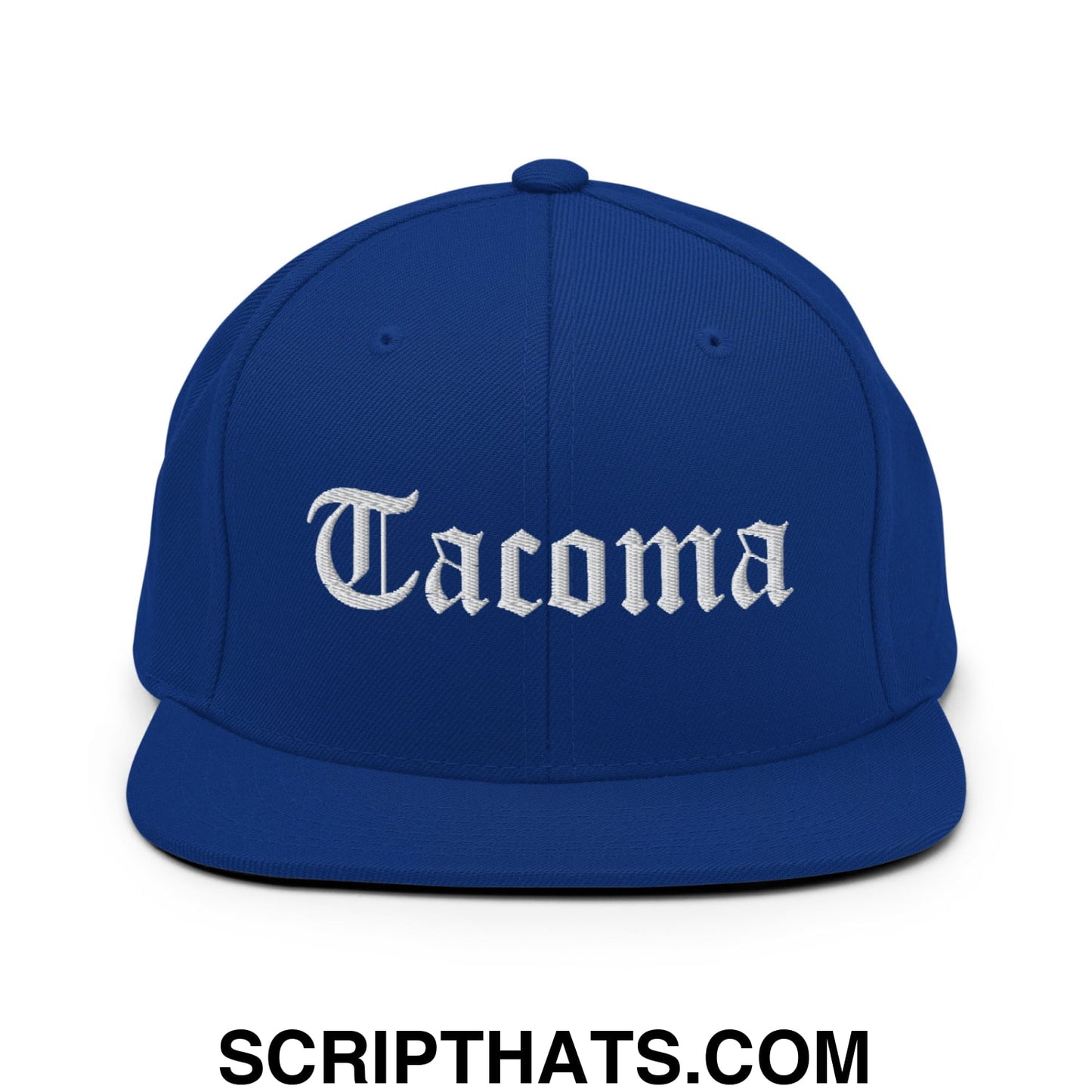 Tacoma Old English Embroidered Flat Bill Brim Snapback Hat Royal Blue