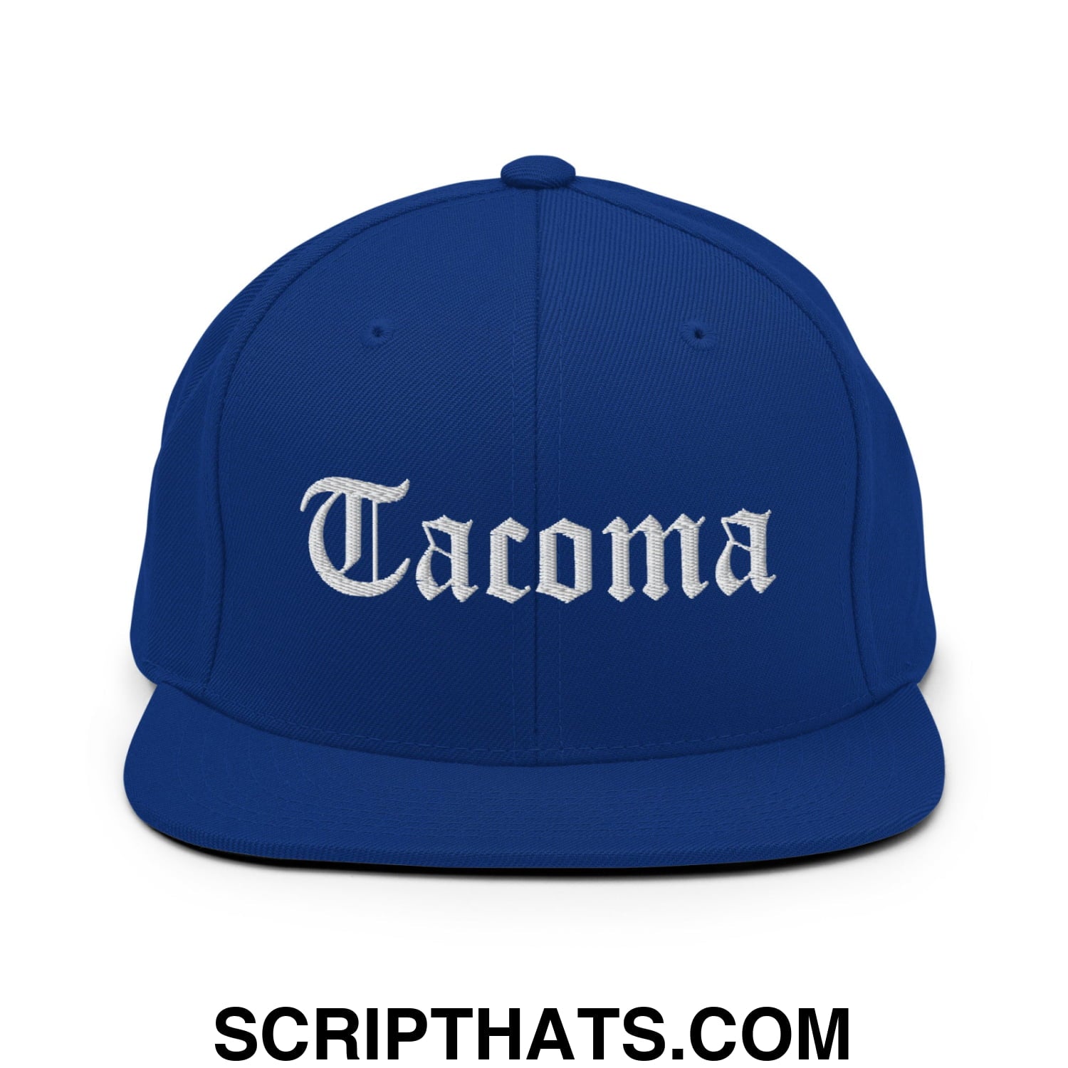 Tacoma Old English Embroidered Flat Bill Brim Snapback Hat Royal Blue