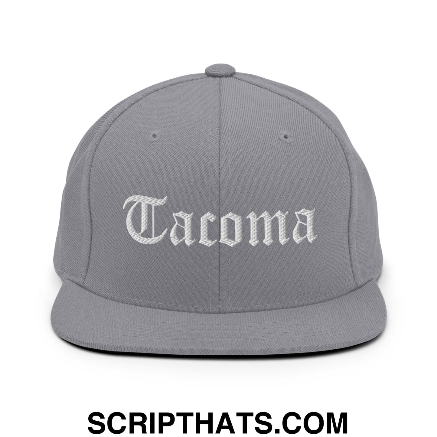 Tacoma Old English Embroidered Flat Bill Brim Snapback Hat Silver