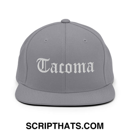 Tacoma Old English Embroidered Flat Bill Brim Snapback Hat Silver