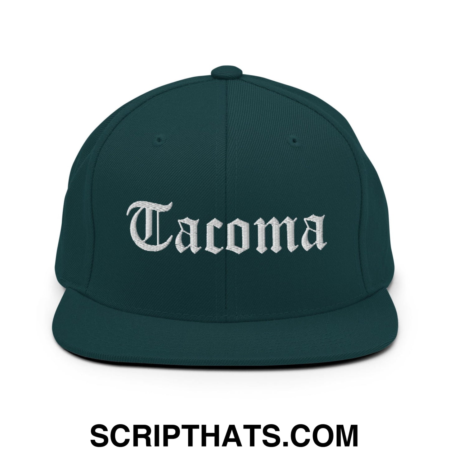 Tacoma Old English Embroidered Flat Bill Brim Snapback Hat Spruce