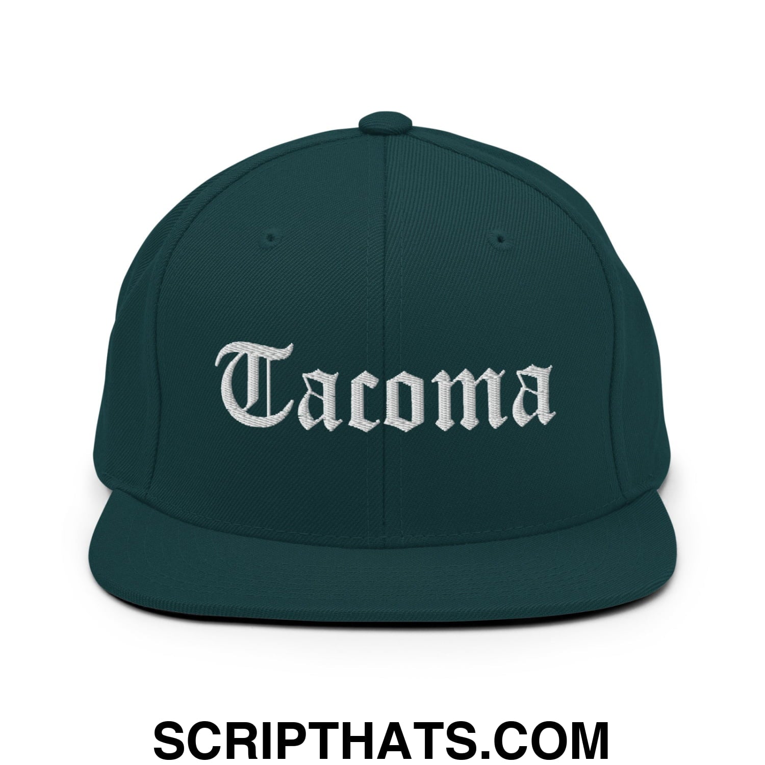 Tacoma Old English Embroidered Flat Bill Brim Snapback Hat Spruce