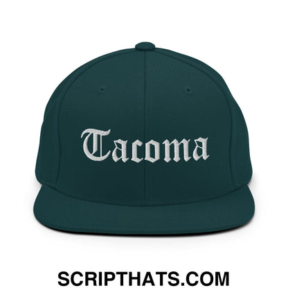 Tacoma Old English Embroidered Flat Bill Brim Snapback Hat Spruce