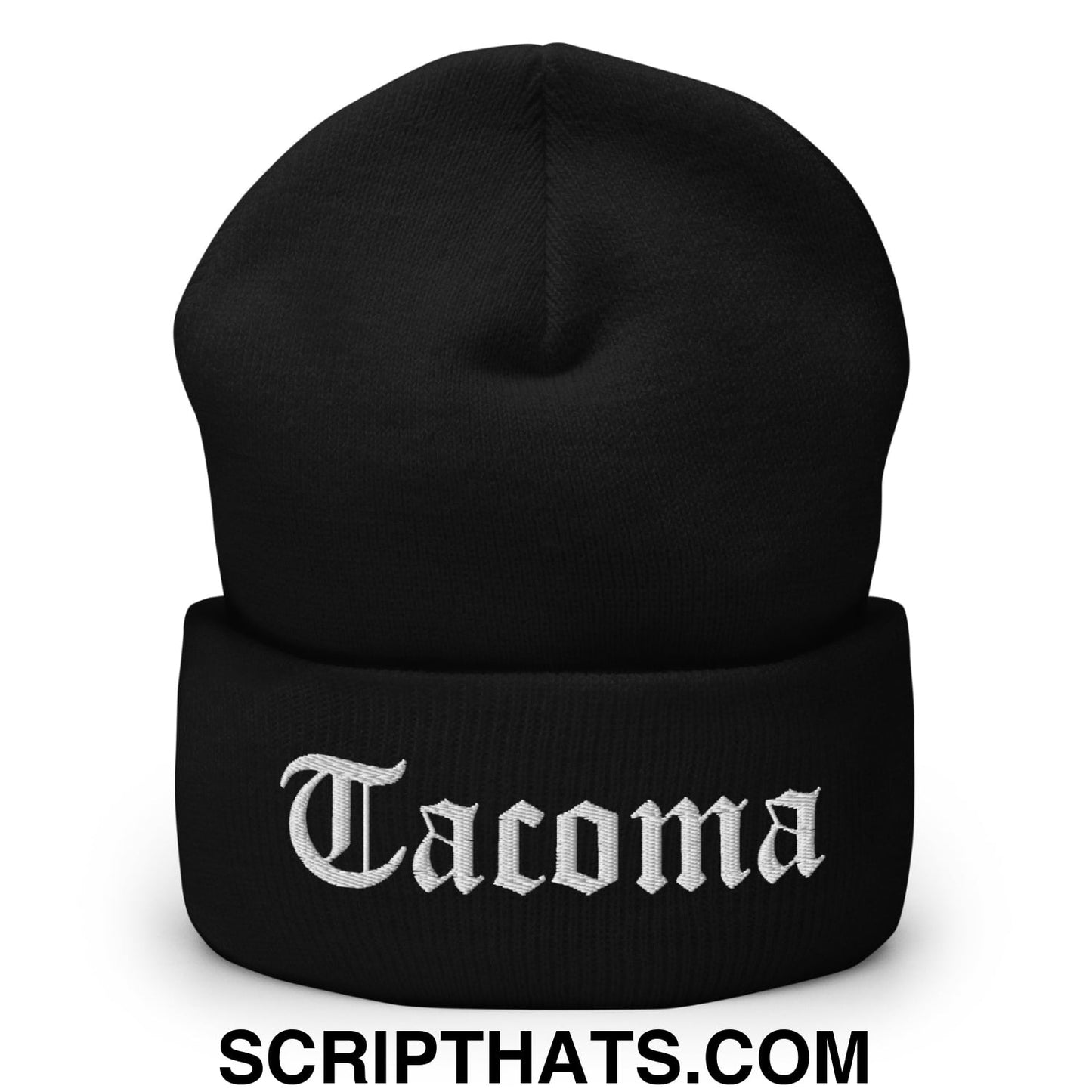 Tacoma Old English Embroidered Knit Cuffed Beanie Black