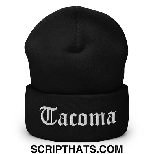 Tacoma Old English Embroidered Knit Cuffed Beanie Black