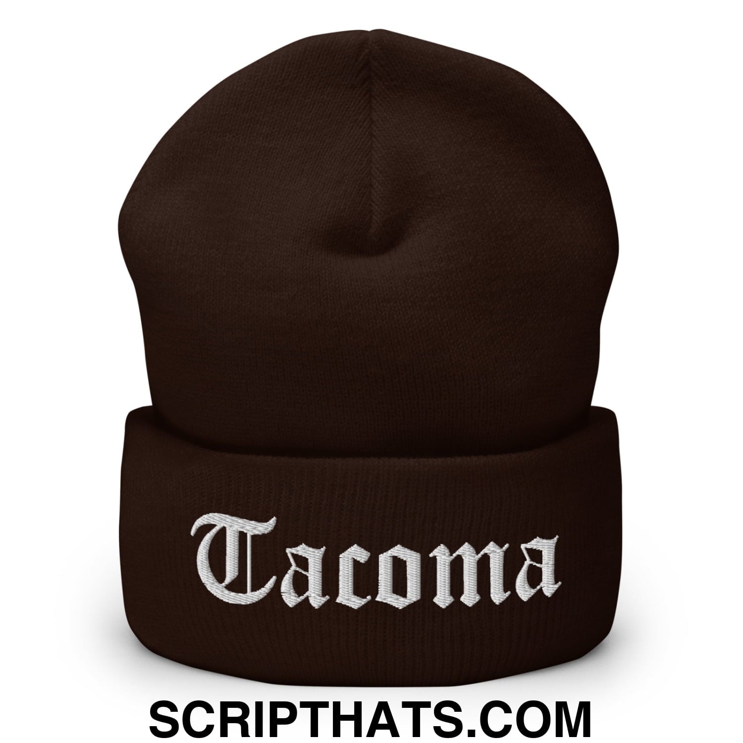 Tacoma Old English Embroidered Knit Cuffed Beanie Brown