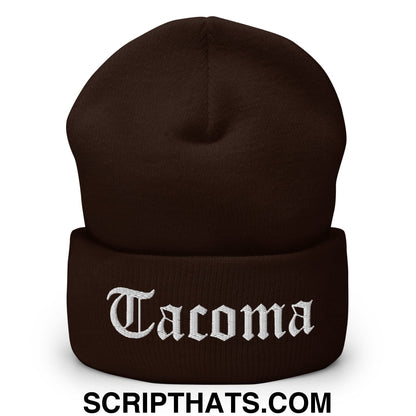 Tacoma Old English Embroidered Knit Cuffed Beanie Brown
