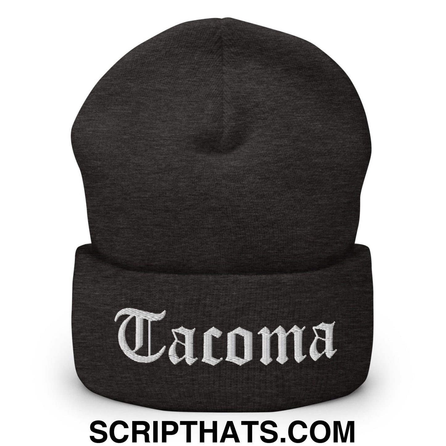 Tacoma Old English Embroidered Knit Cuffed Beanie Dark Grey