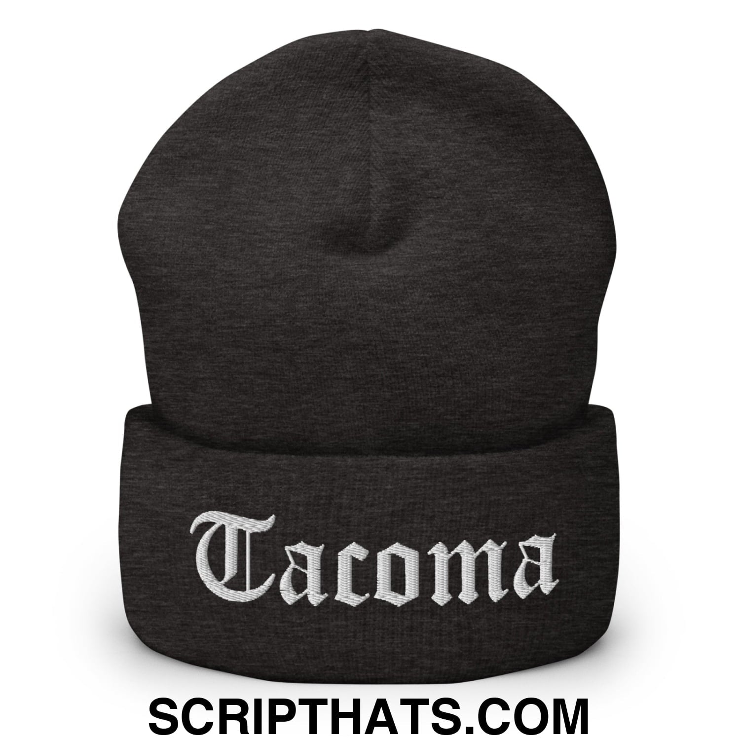 Tacoma Old English Embroidered Knit Cuffed Beanie Dark Grey