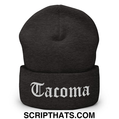 Tacoma Old English Embroidered Knit Cuffed Beanie Dark Grey