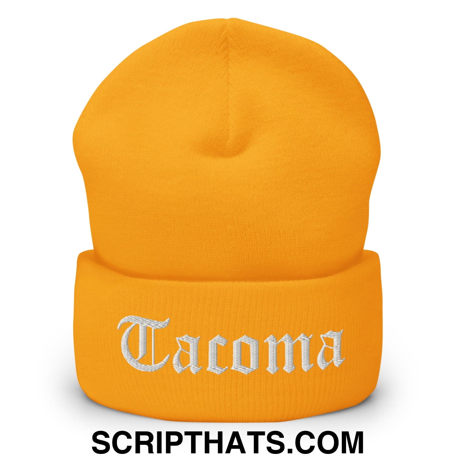 Tacoma Old English Embroidered Knit Cuffed Beanie Gold