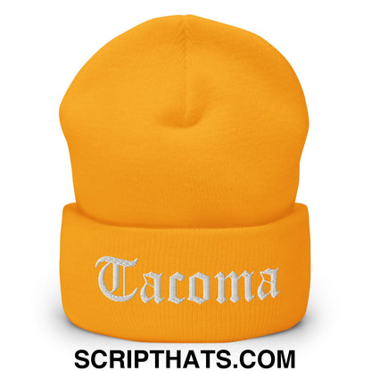 Tacoma Old English Embroidered Knit Cuffed Beanie Gold