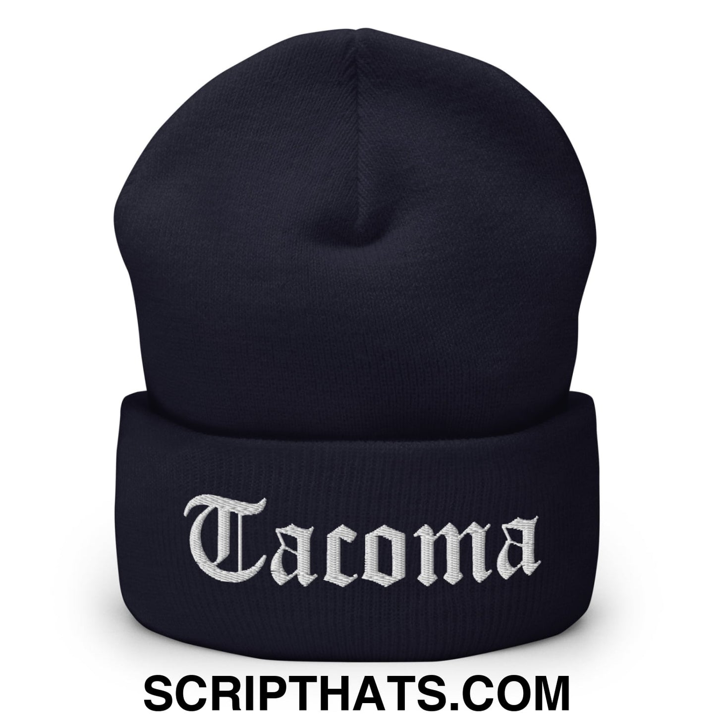 Tacoma Old English Embroidered Knit Cuffed Beanie Navy
