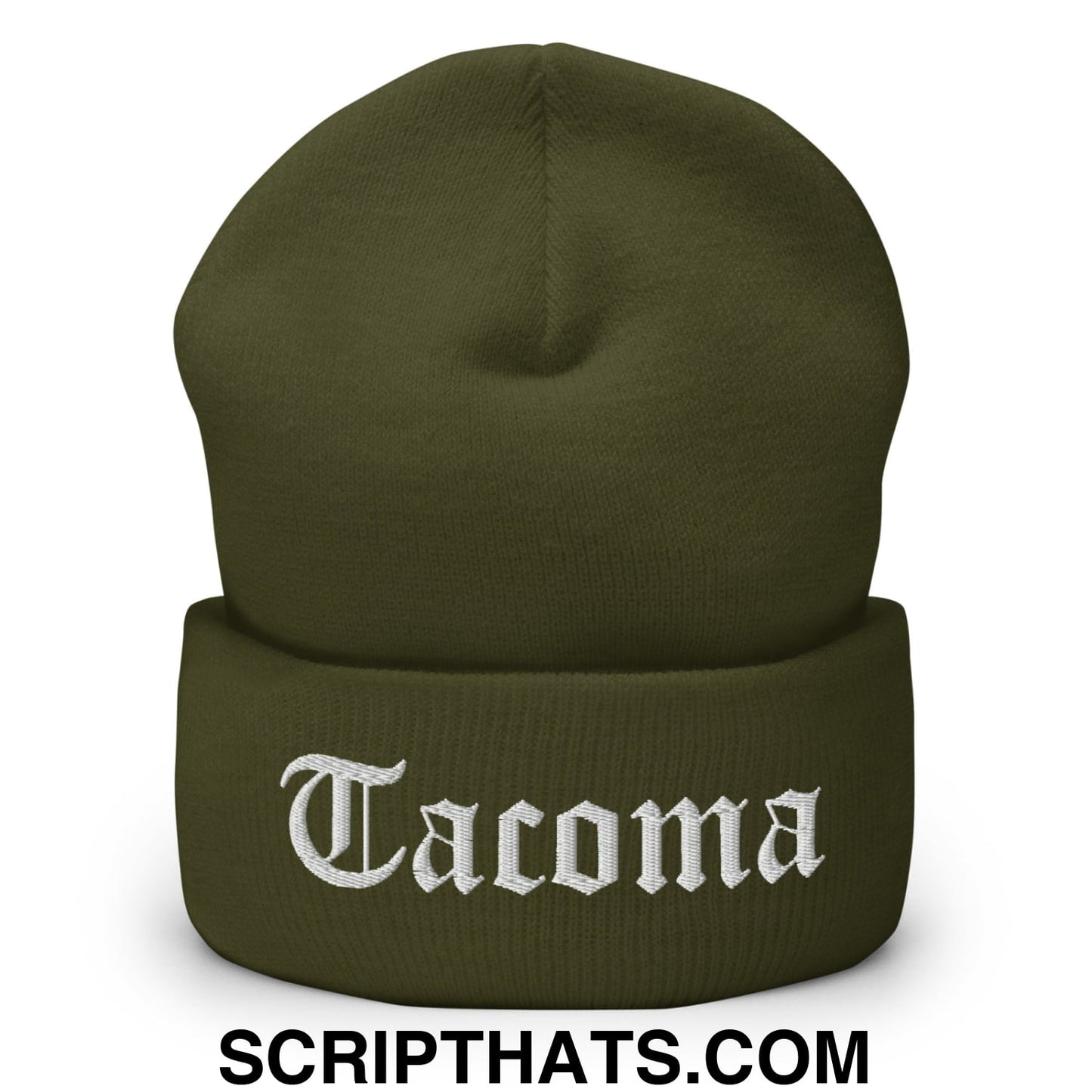 Tacoma Old English Embroidered Knit Cuffed Beanie Olive