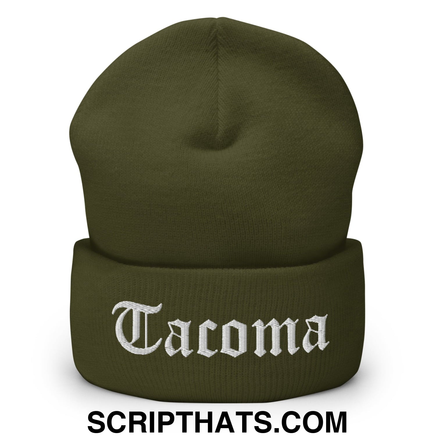 Tacoma Old English Embroidered Knit Cuffed Beanie Olive