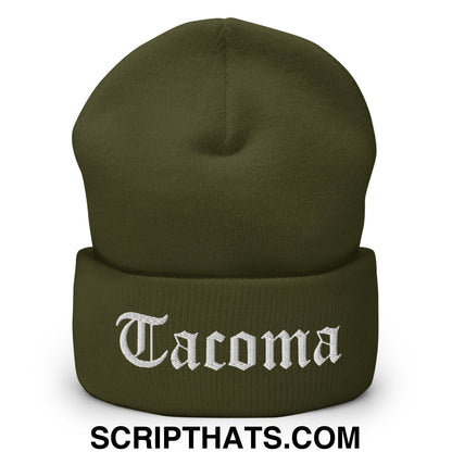 Tacoma Old English Embroidered Knit Cuffed Beanie Olive