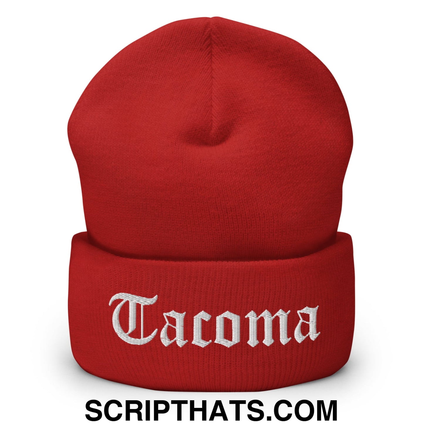 Tacoma Old English Embroidered Knit Cuffed Beanie Red