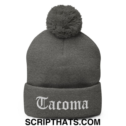Tacoma Old English Embroidered Knit Pom Pom Beanie Dark Heather Grey