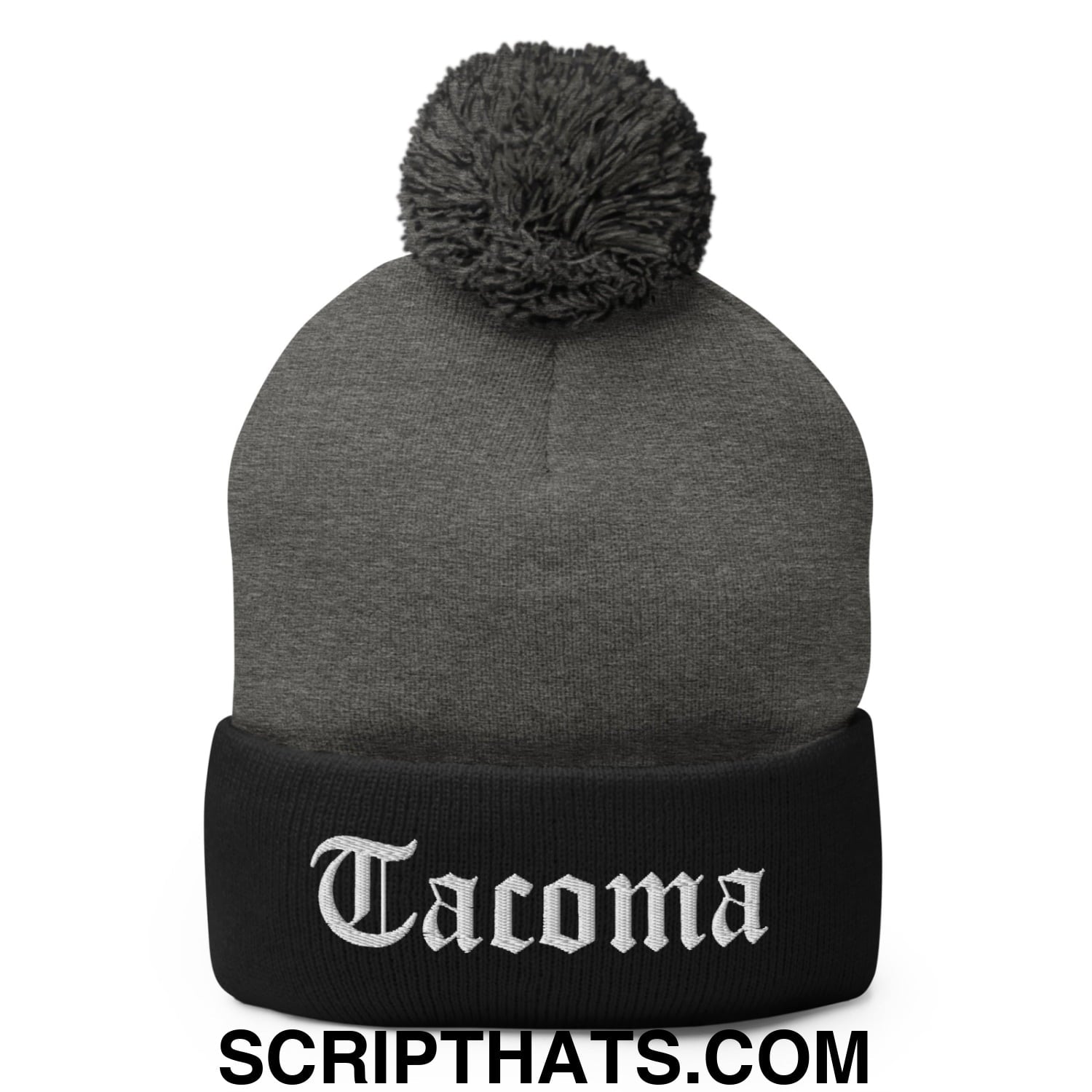 Tacoma Old English Embroidered Knit Pom Pom Beanie Dark Heather Grey Black