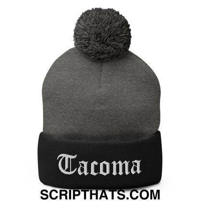 Tacoma Old English Embroidered Knit Pom Pom Beanie Dark Heather Grey Black