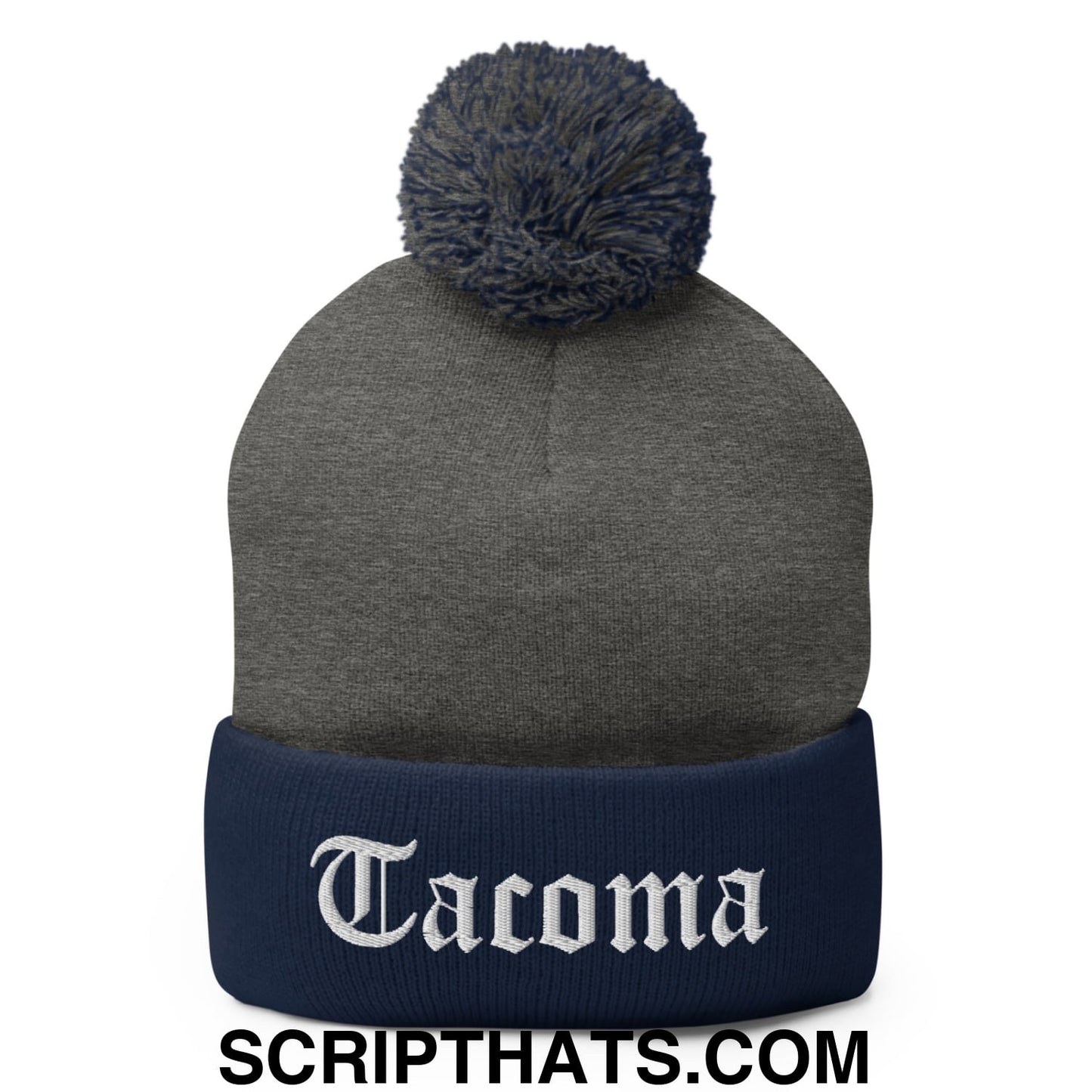 Tacoma Old English Embroidered Knit Pom Pom Beanie Dark Heather Grey Navy
