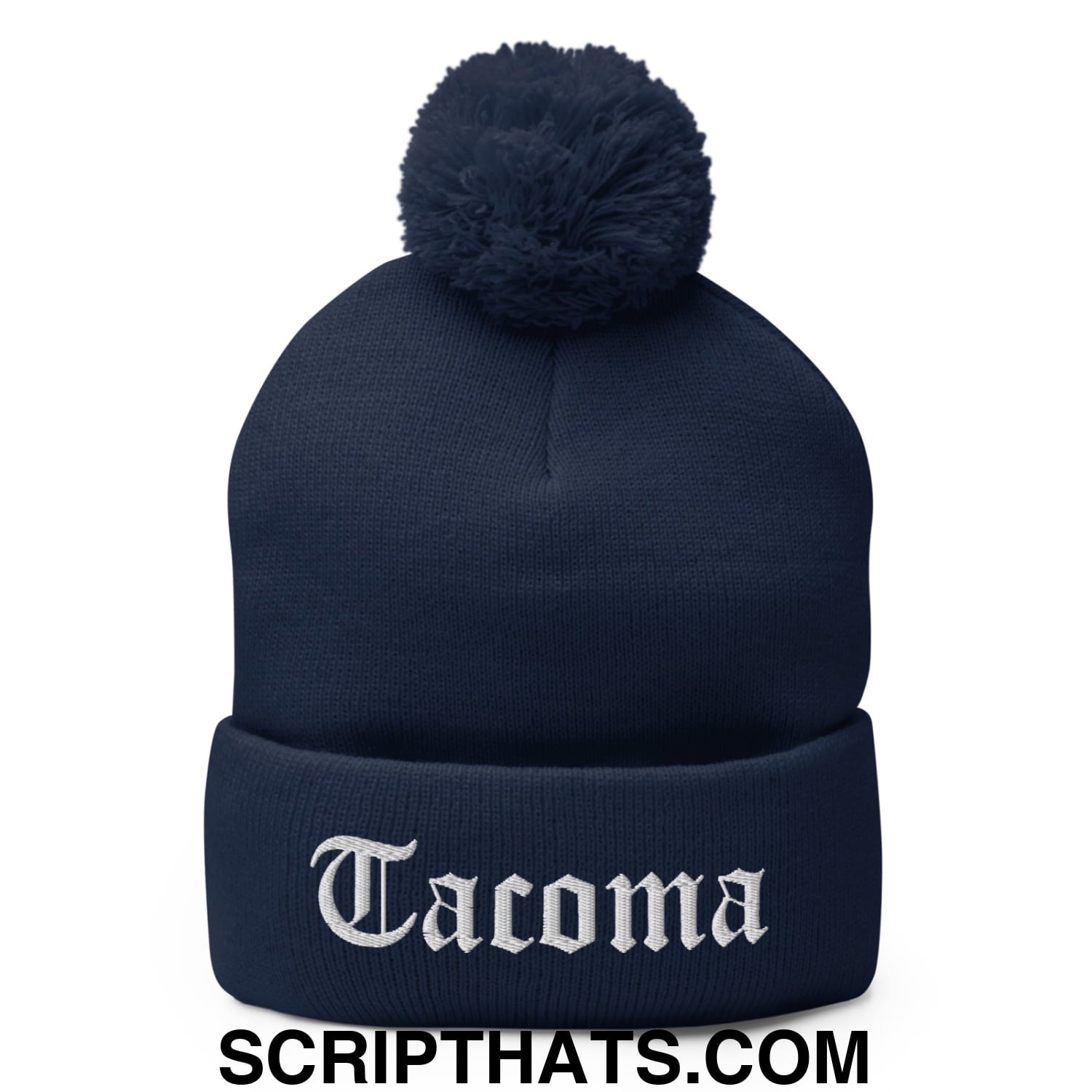 Tacoma Old English Embroidered Knit Pom Pom Beanie Navy