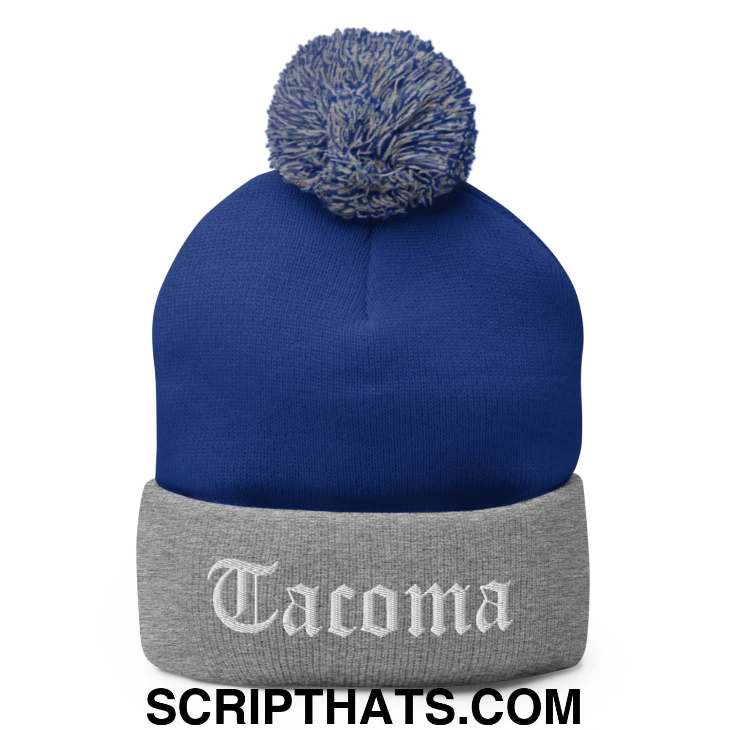 Tacoma Old English Embroidered Knit Pom Pom Beanie Royal Heather Grey