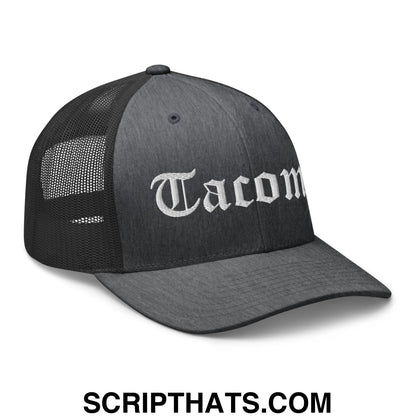 Tacoma Old English Embroidered Mesh Trucker Hat Dark Heather Gray