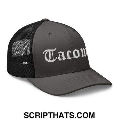 Tacoma Old English Embroidered Mesh Trucker Hat Charcoal Black