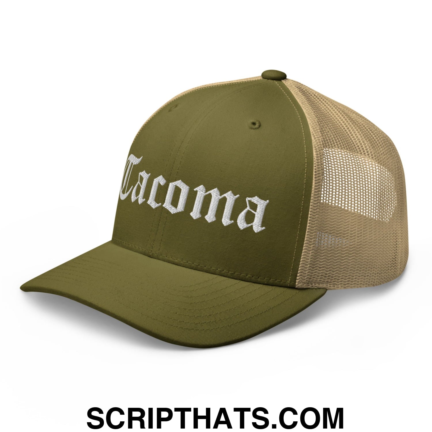 Tacoma Old English Embroidered Mesh Trucker Hat Moss Khaki