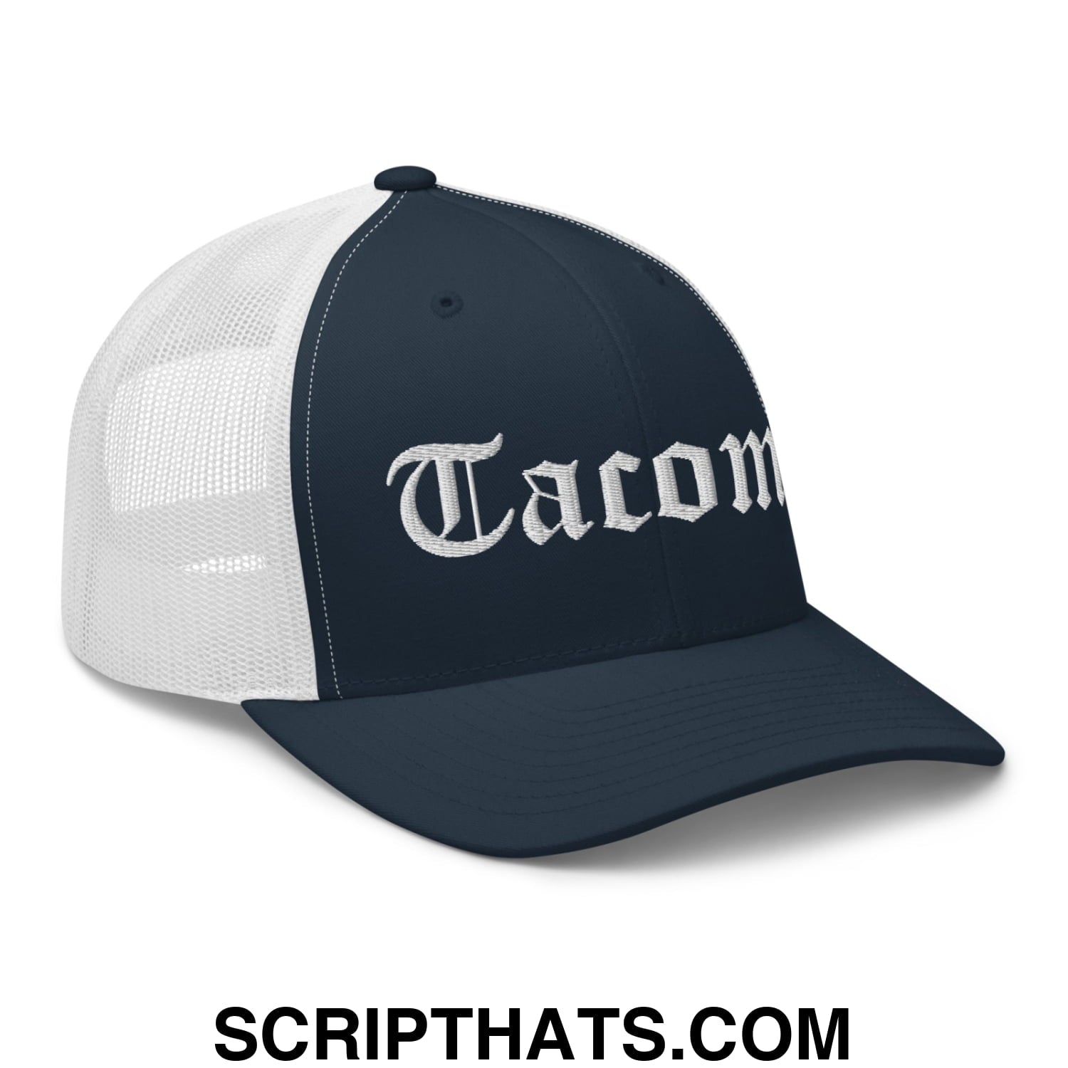 Tacoma Old English Embroidered Mesh Trucker Hat Navy White