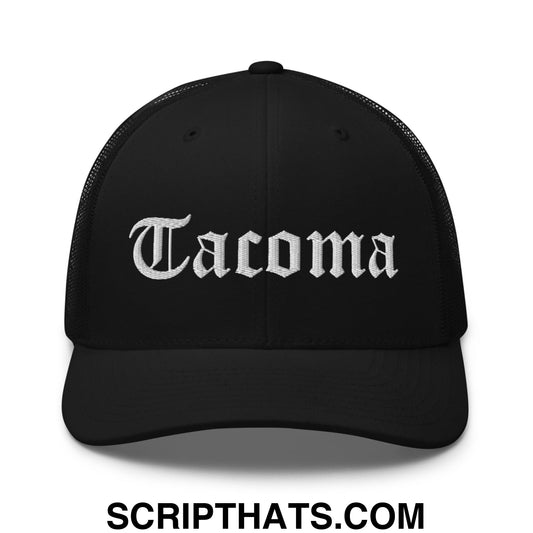 Tacoma Old English Embroidered Mesh Trucker Hat Black