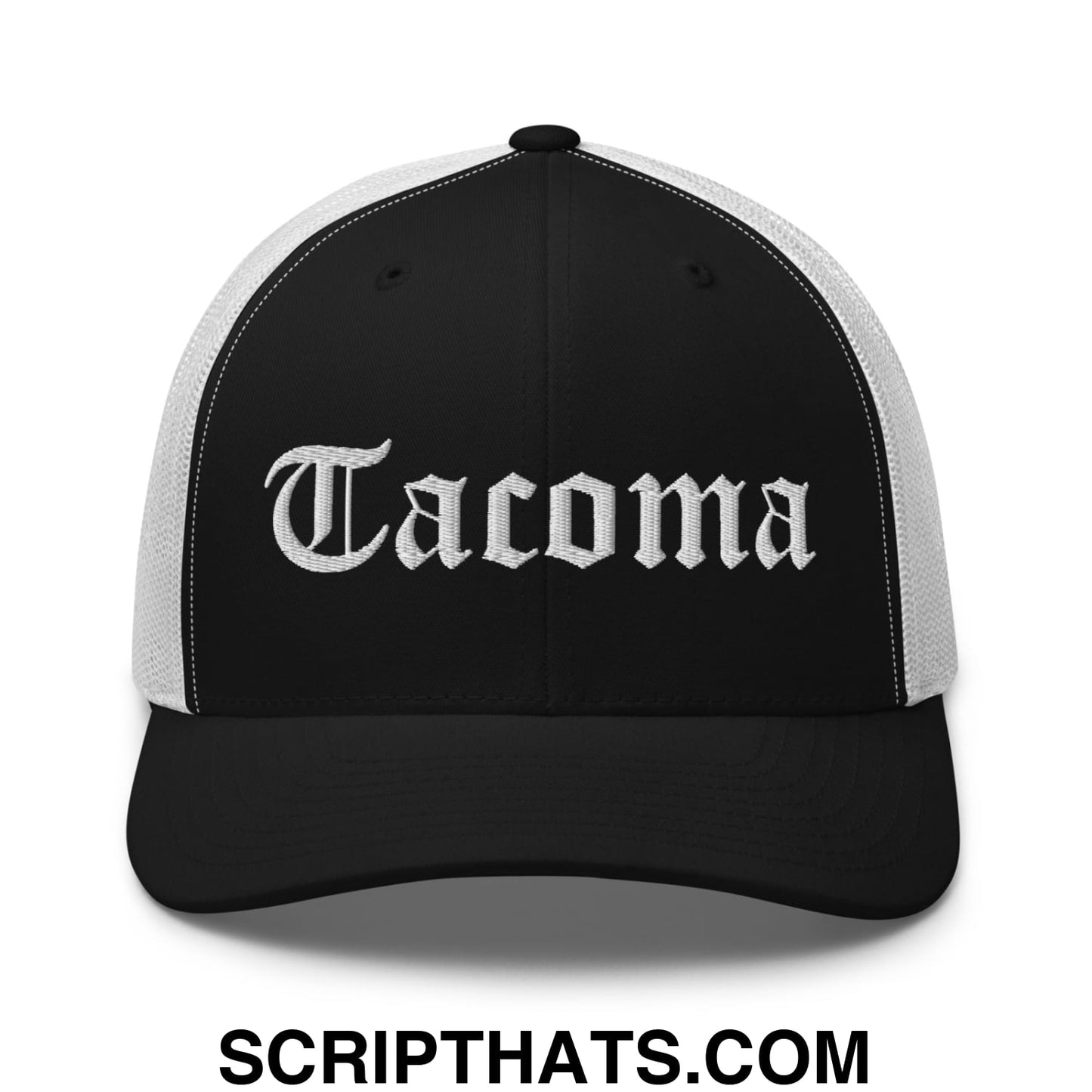 Tacoma Old English Embroidered Mesh Trucker Hat Black White
