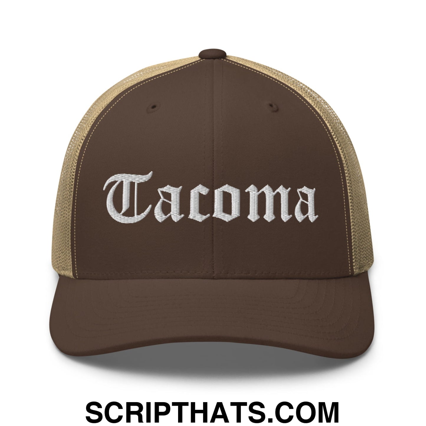 Tacoma Old English Embroidered Mesh Trucker Hat Brown Khaki