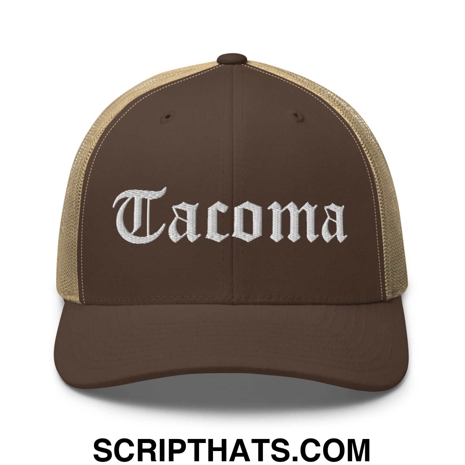 Tacoma Old English Embroidered Mesh Trucker Hat Brown Khaki