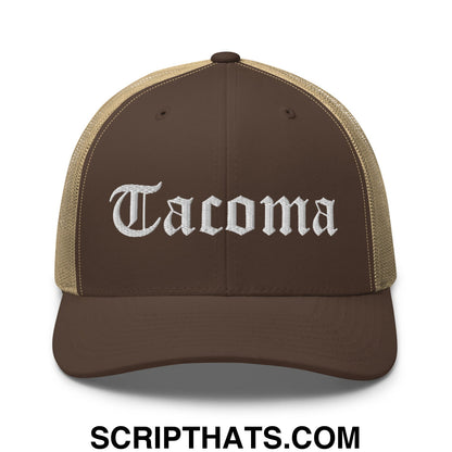 Tacoma Old English Embroidered Mesh Trucker Hat Brown Khaki