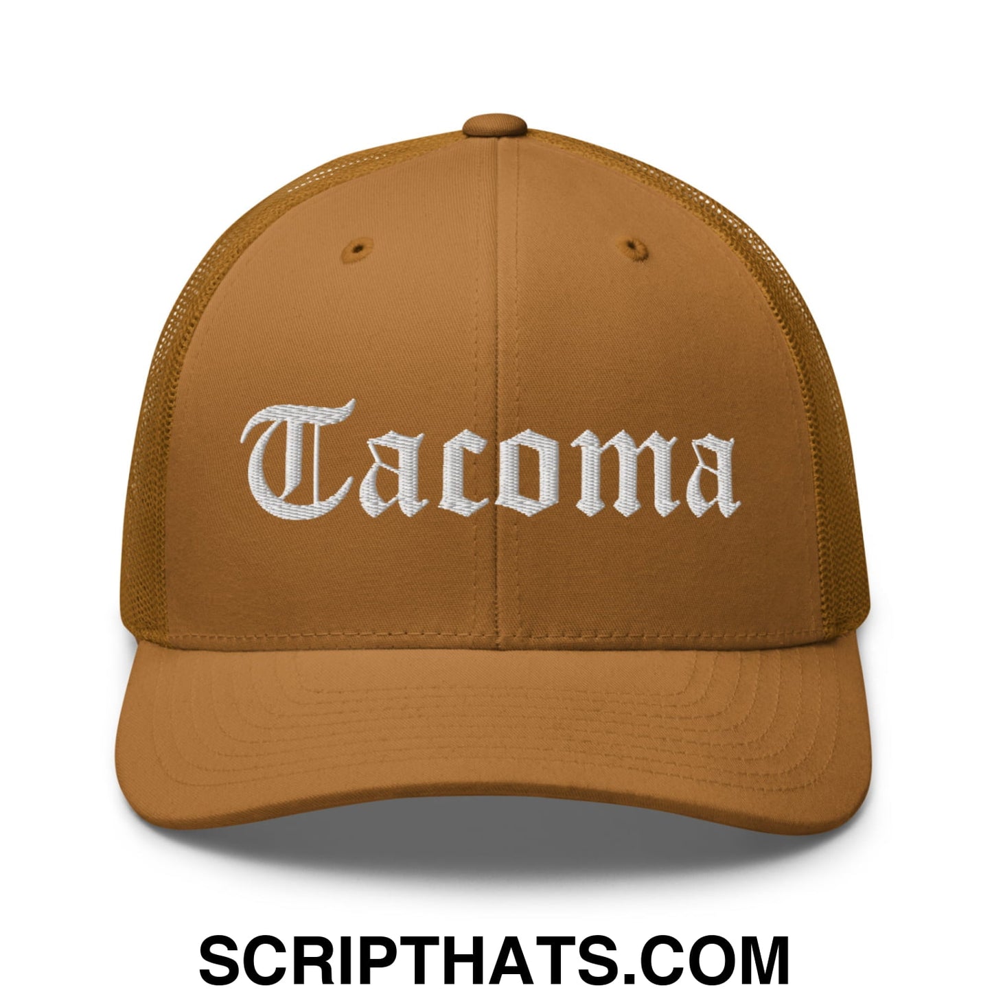 Tacoma Old English Embroidered Mesh Trucker Hat Caramel